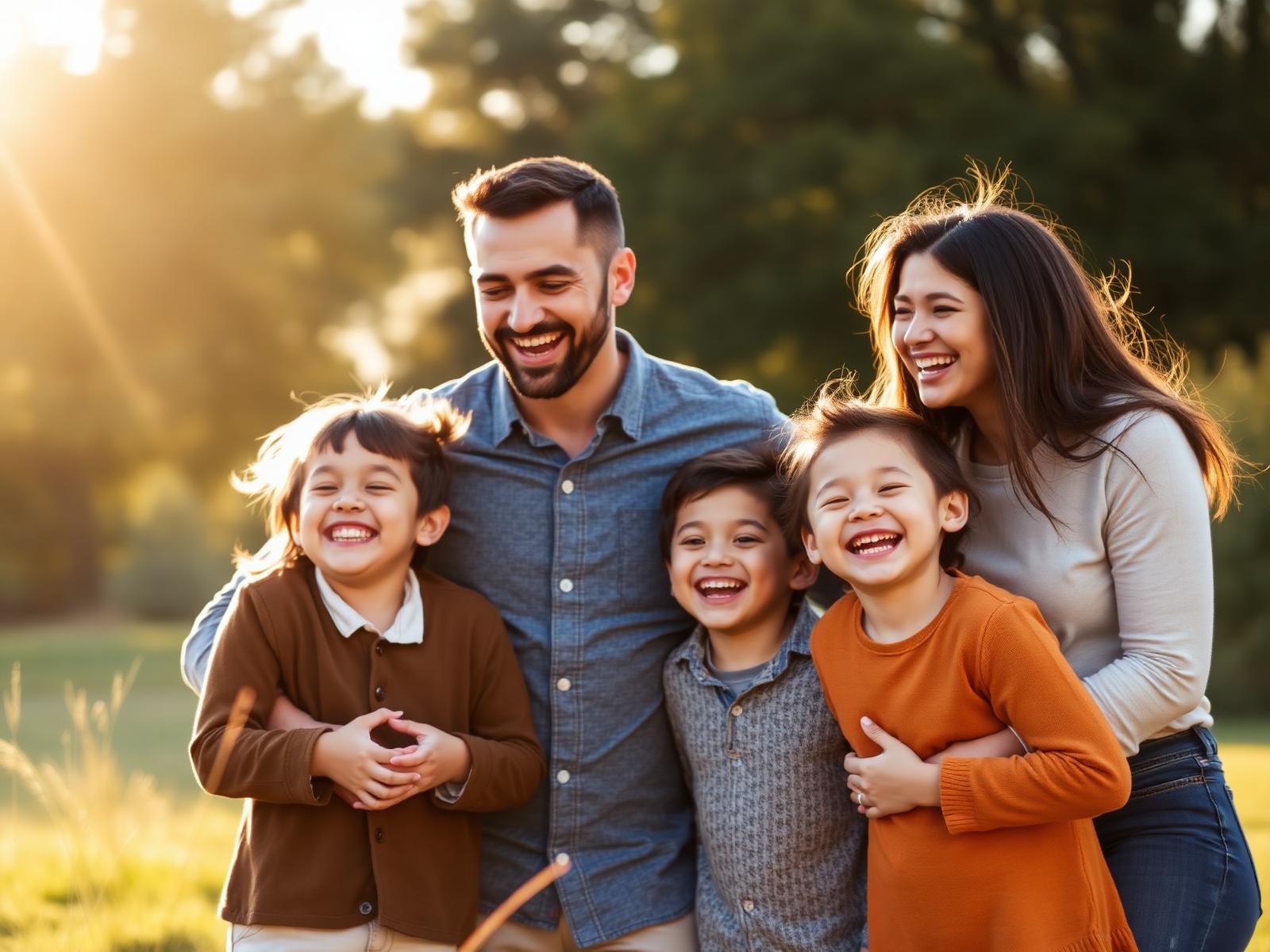 A happy family with two young children enjoying time together outdoors
